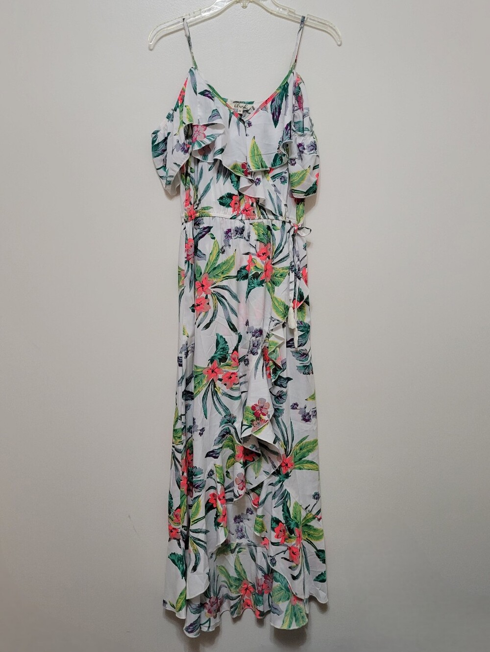 Hint Of Blush White Tropical Pink Cold Shoulder Hi Low Dress